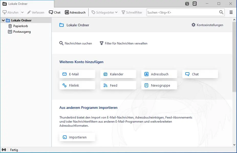 Startseite von Thunderbird mit Button „E-Mail“ zum Konto hinzufügen