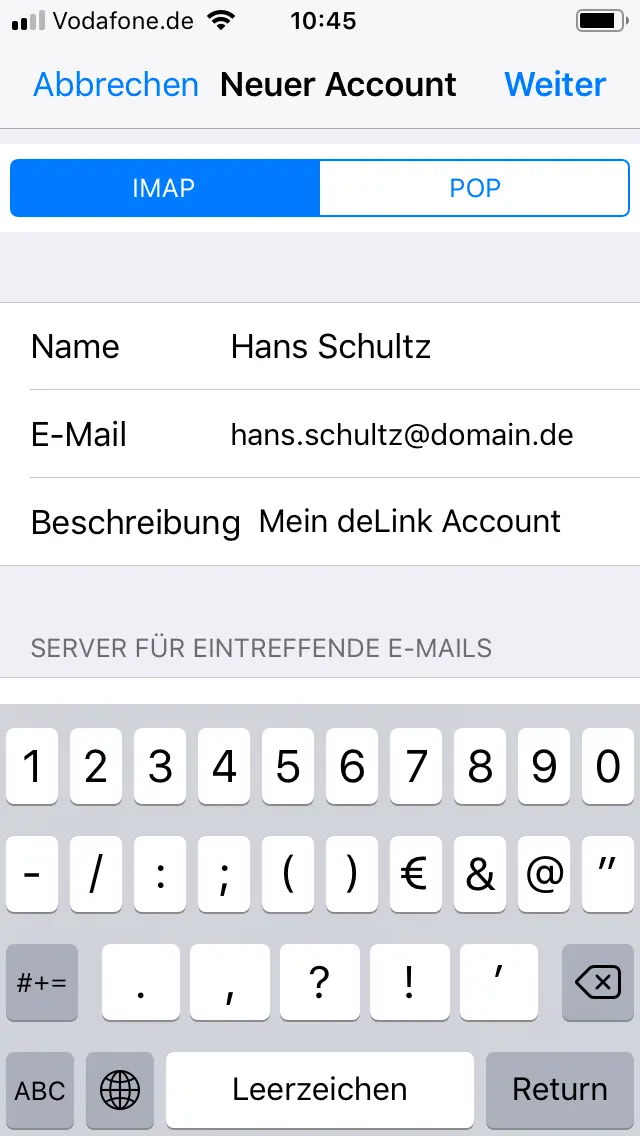 Eingabe der IMAP-Account-Daten auf dem iPhone