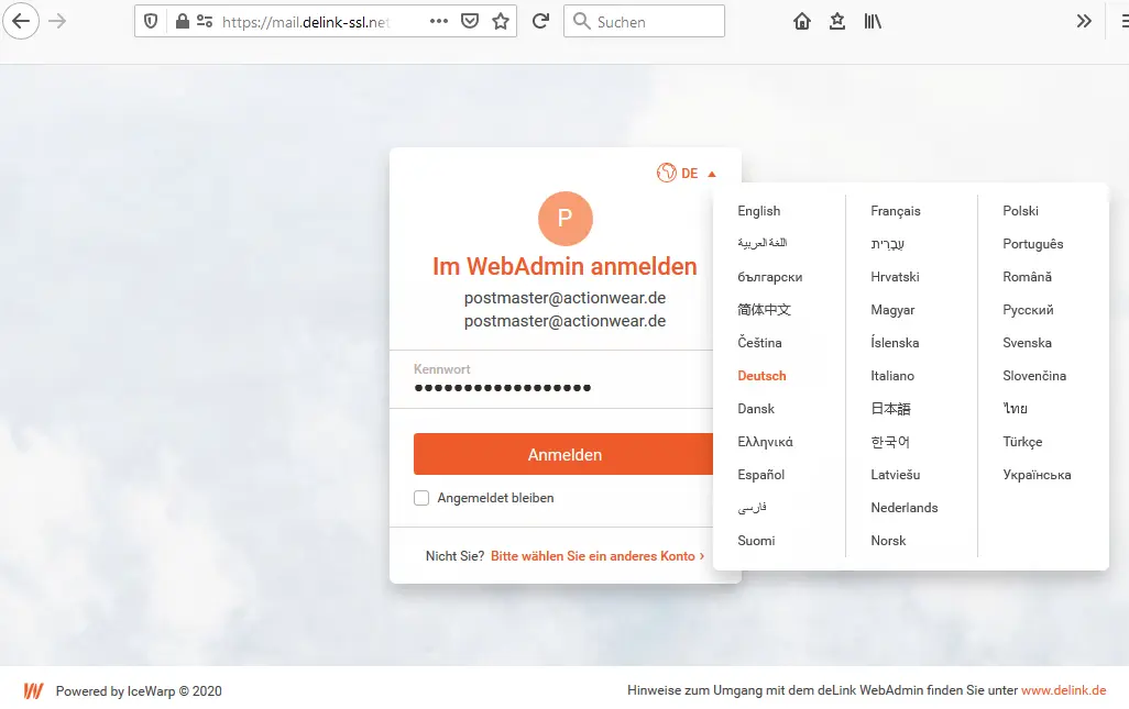 Sprachauswahl-Menü der E-Mail-Administration vor dem Login