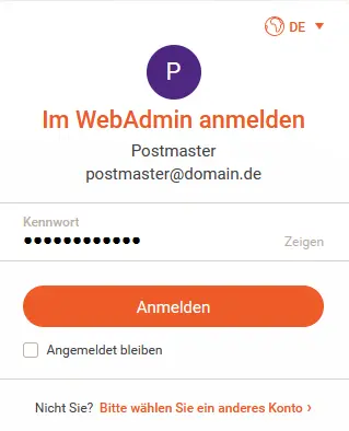 Login an der E-Mail-Administration mit dem Benutzer postmaster