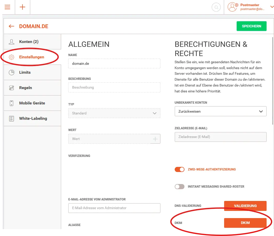 Einstellungen der E-Mail-Administration mit Schaltfläche DKIM