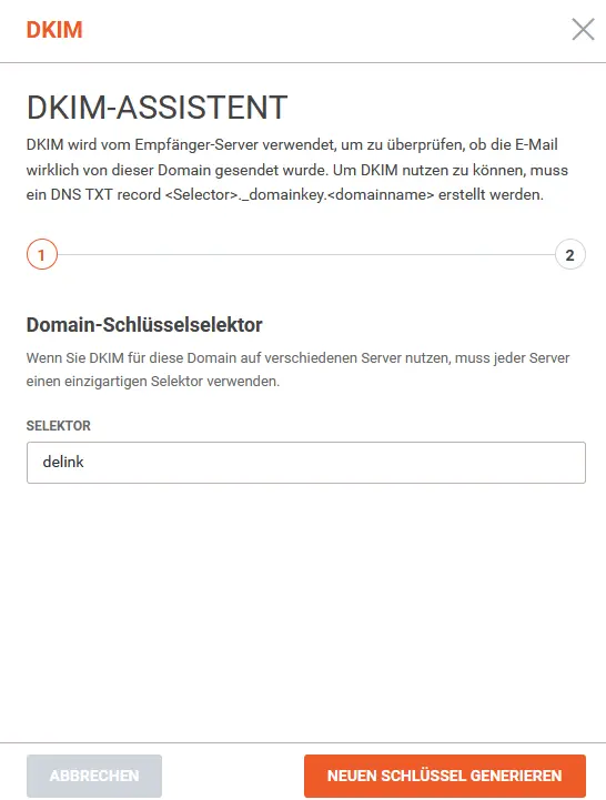 Eingabe des Domain-Schlüsselselektors für DKIM