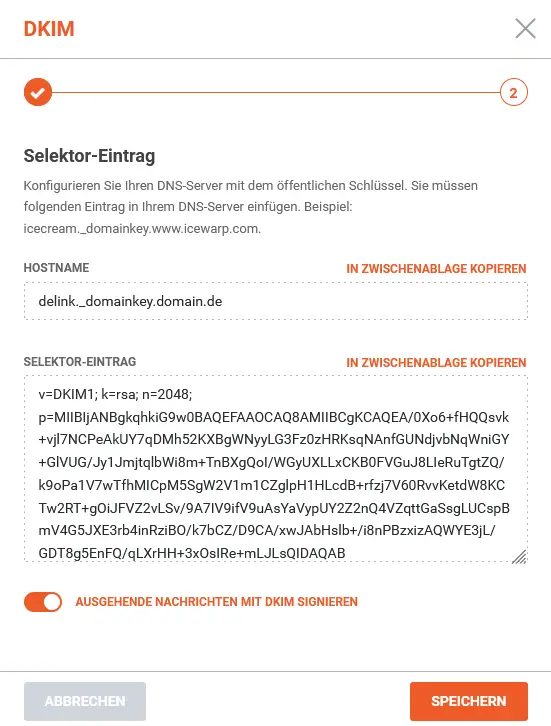 Schaltfläche „Neuen Schlüssel generieren“ für DKIM