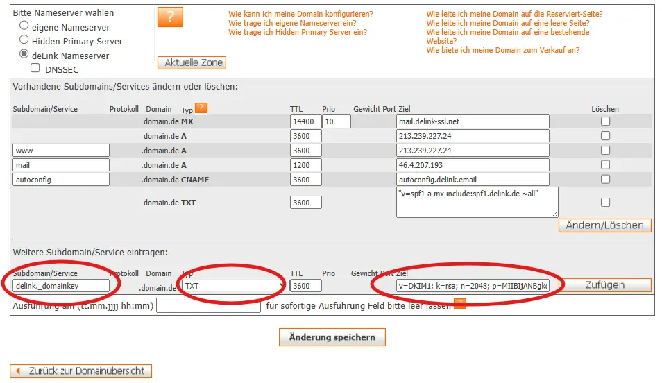 Eintragen des DKIM-Selektoreintrags als TXT-Record im Zonefileeditor