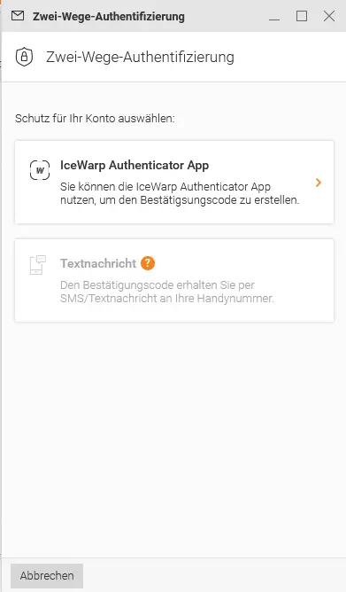 Auswahl der IceWarp Authenticator App zur 2-Faktor-Authentifizierung