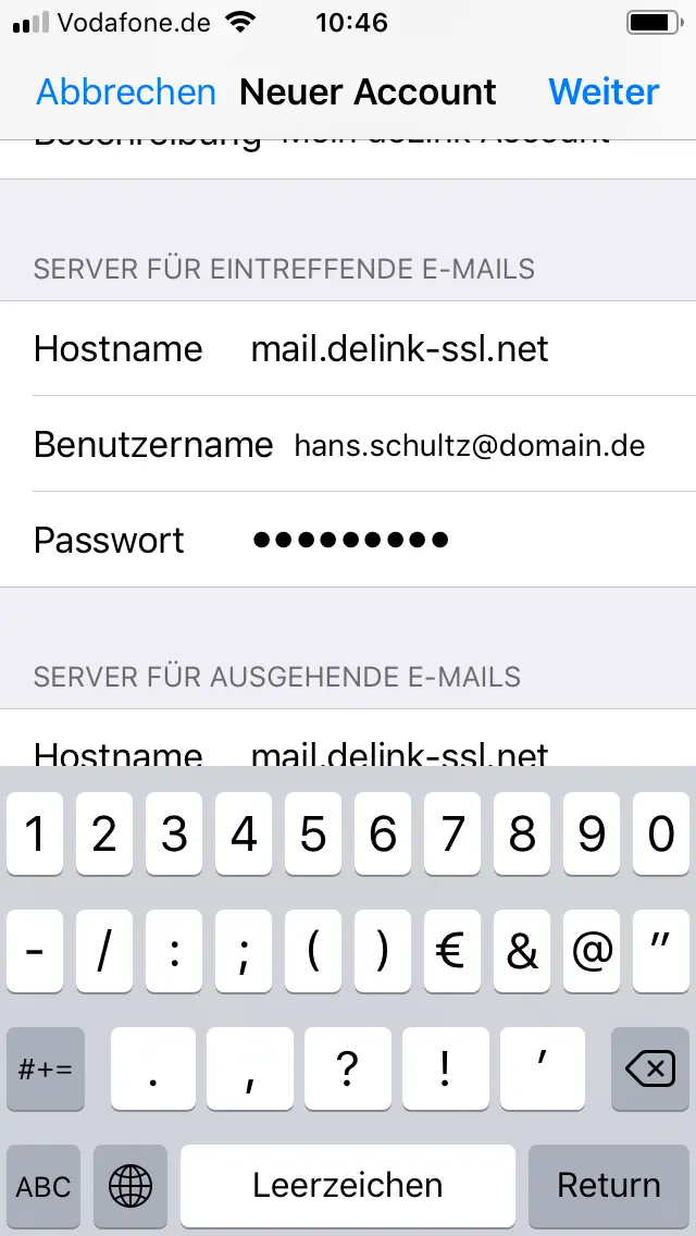 Eingabe der Posteingangsserver-Daten mail.naymspace-systems.de auf dem iPhone