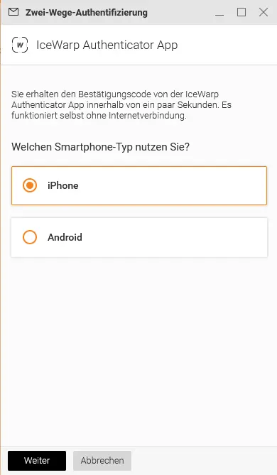 Auswahl des Smartphone-Typs für die 2-Faktor-Authentifizierung