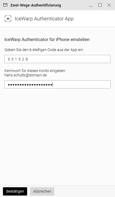Eingabe von 6-stelligem Code und Kennwort zur Aktivierung