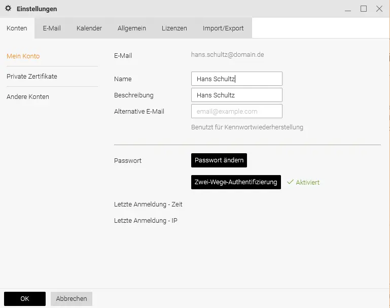 Account-Einstellungen mit aktivierter 2-Faktor-Authentifizierung