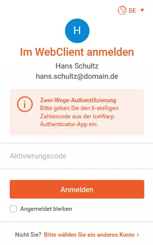 Webmail-Login mit Abfrage von Kennwort und Authenticator-Code