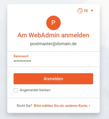 Login-Maske der WebAdmin-Oberfläche mit Eingabe von Name und Passwort
