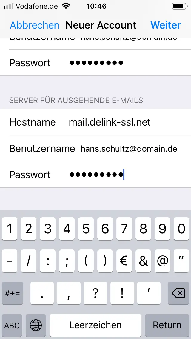 Eingabe der Postausgangsserver-Daten (SMTP) auf dem iPhone