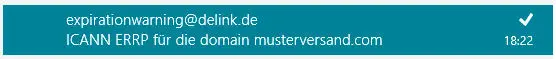 Beispiel einer ICANN-ERRP-Erinnerungsmail vor Ablauf einer Domain
