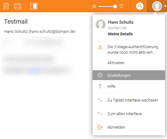 Benutzermenü mit Eintrag „Einstellungen“ im Webmail