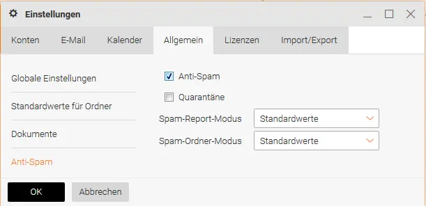 Reiter „Allgemein“ mit Menüpunkt „Anti-Spam“ im Webmail