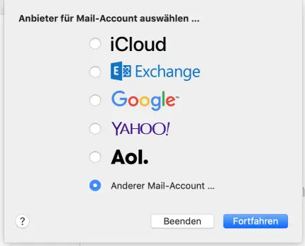 Erste Anbieterauswahl in Mac Mail ohne bestehende Konten