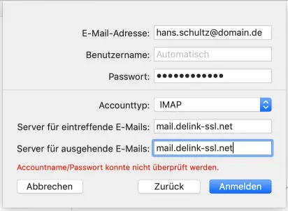 Eingabe von Servername mail.naymspace-systems.de in Mac Mail