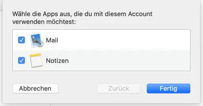 Auswahl der Nutzung für Mail und Notizen in Mac Mail