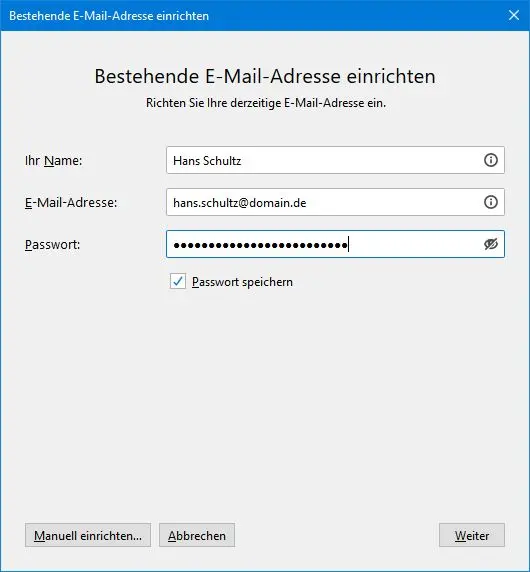 Dialog „Bestehende E-Mail-Adresse einrichten“ mit Name, Adresse und Passwort
