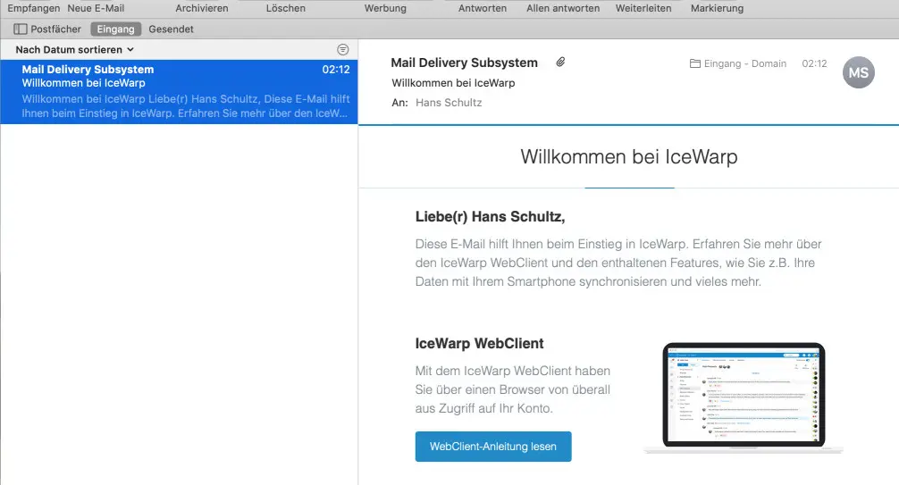 Fertig eingerichtetes E-Mail-Konto mit Posteingang in Mac Mail