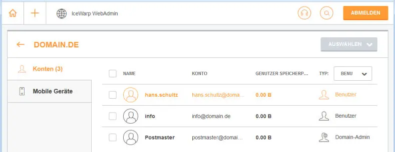 Auswahl des E-Mail-Accounts für den neuen Alias in der E-Mail-Verwaltung