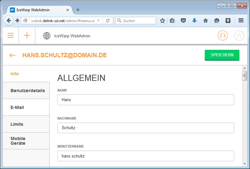 Menüpunkt „E-Mail“ in der linken Spalte des Benutzerformulars