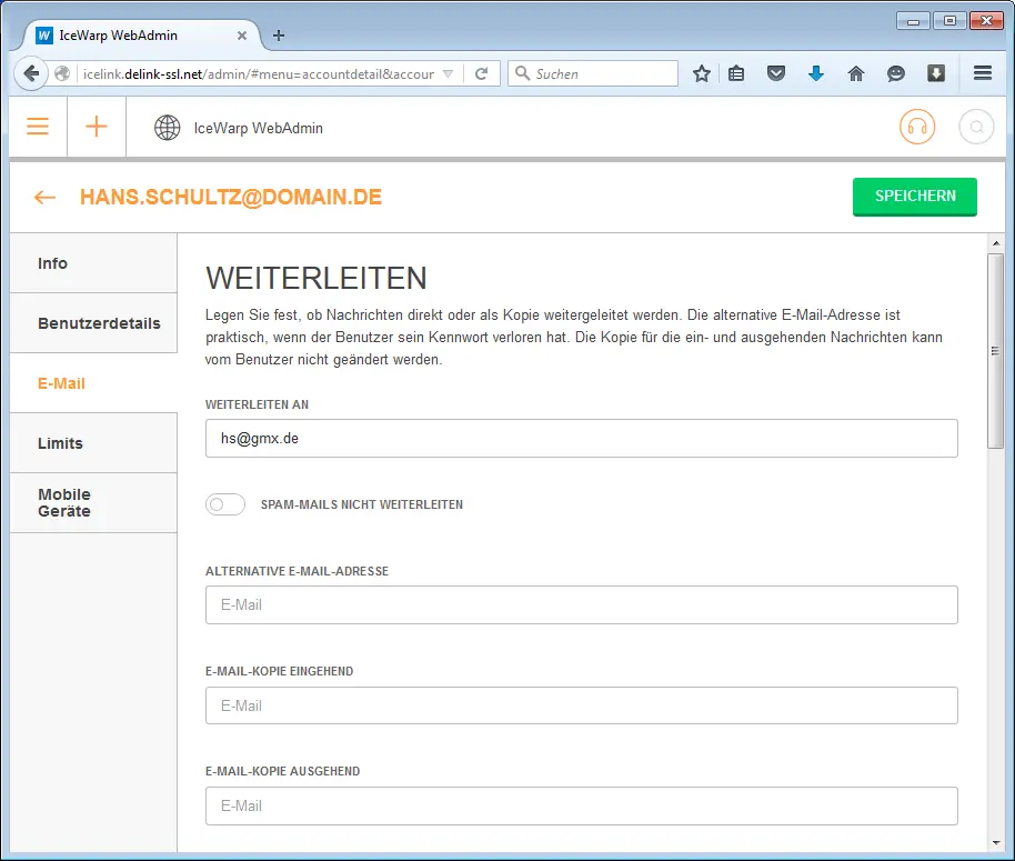 Varianten der E-Mail-Weiterleitung wie Weiterleiten an und E-Mail-Kopie
