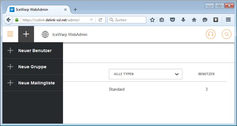 Pluszeichen mit Option „+ Neuer Benutzer“ in der E-Mail-Verwaltung