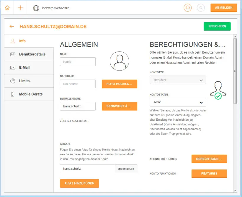 Optionale Zusatzdaten und Einstellungen für den neuen E-Mail-Account