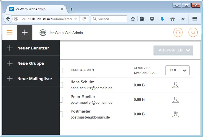 Schaltfläche „Neue Mailingliste“ über das Pluszeichen in der E-Mail-Verwaltung