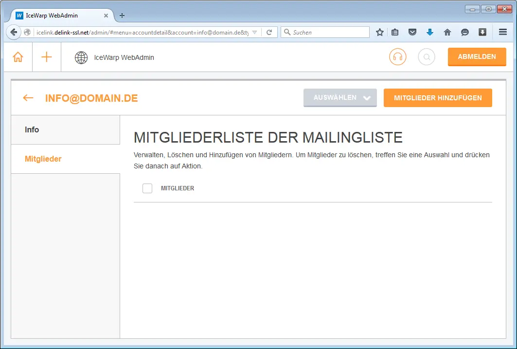 Mitgliederübersicht einer Mailingliste mit Schaltfläche „Mitglieder hinzufügen“
