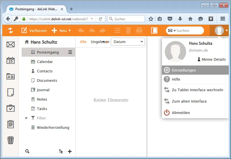 Benutzermenü mit Eintrag „Einstellungen“ im Webmail