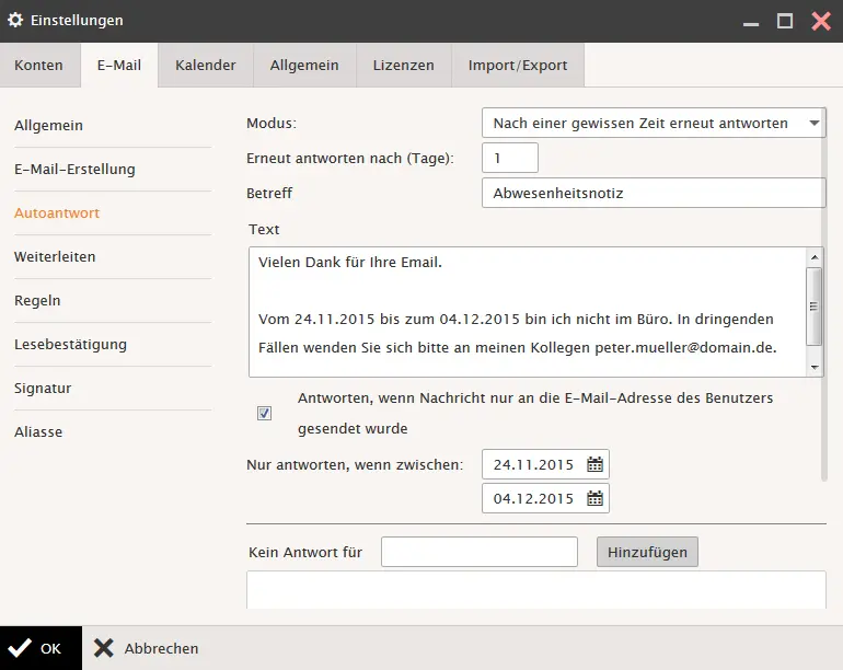 Autoantwort-Einstellungen im E-Mail-Tab des Webmail