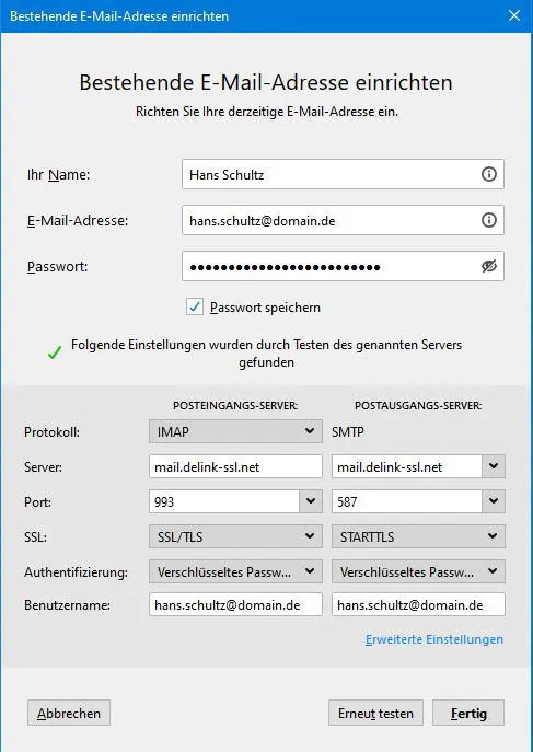 IMAP-Servereinstellungen für mail.naymspace-systems.de in Thunderbird