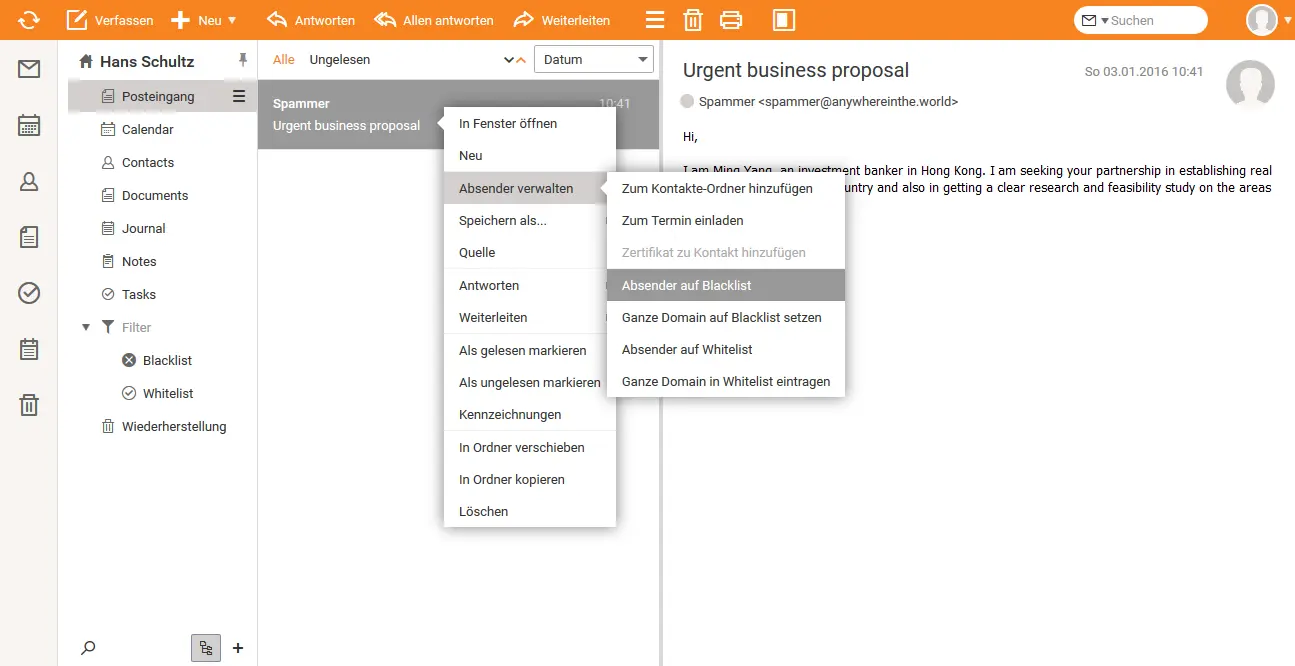 Kontextmenü „Absender verwalten“ mit Option „Absender auf Blocklist“ im Webmail