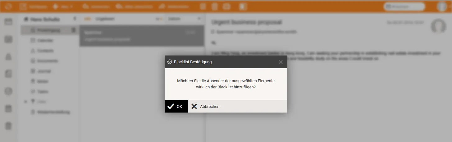 Sicherheitsabfrage vor dem Blockieren eines Absenders