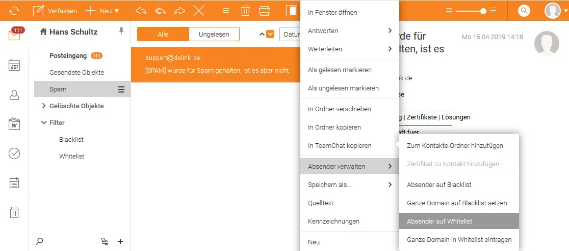 Kontextmenü „Absender verwalten“ mit Option „Absender auf Whitelist“ im Webmail
