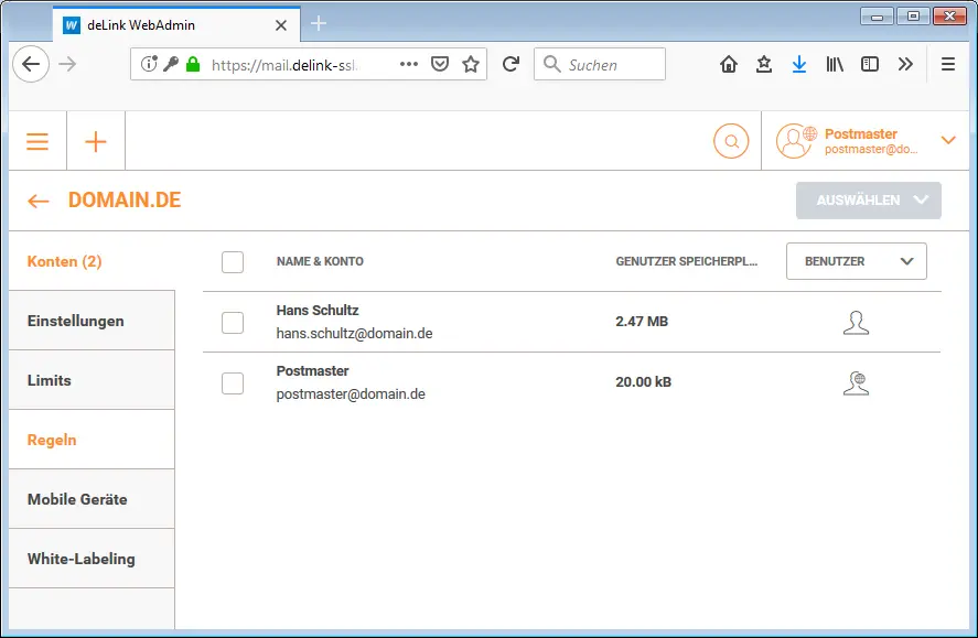 Menüpunkt „Regeln“ in der E-Mail-Administration