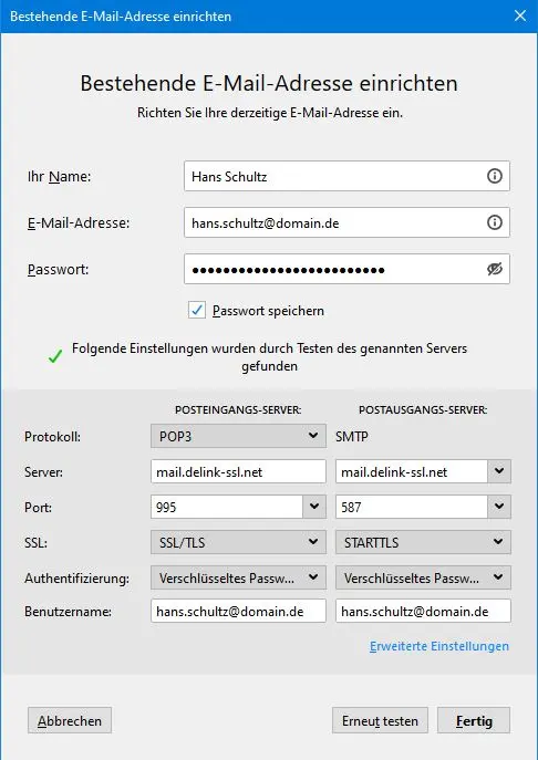 POP3-Servereinstellungen für mail.naymspace-systems.de in Thunderbird