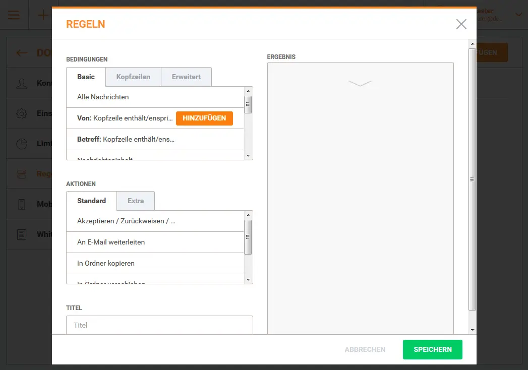 Bedingung „Von: Kopfzeile enthält/entspricht“ für eine Whitelist-Regel