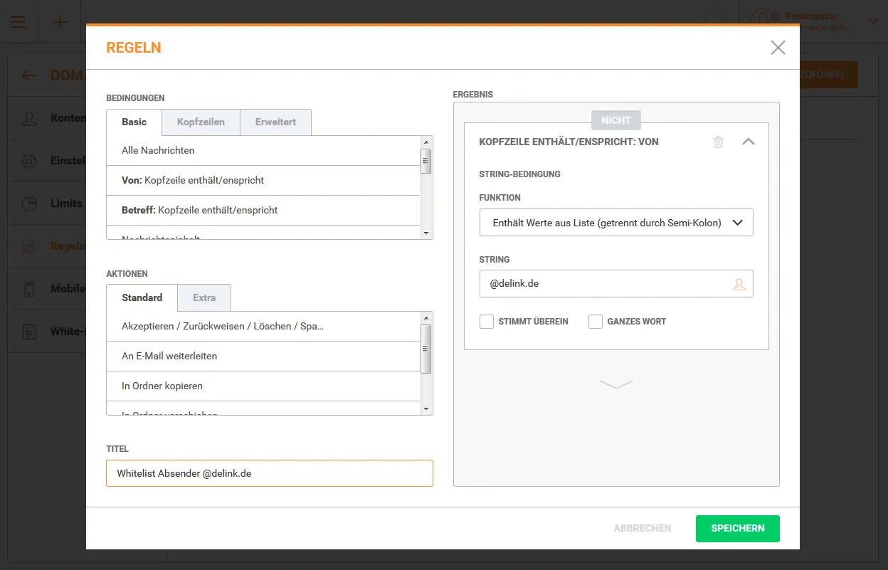 Eingabe der Absenderdomain als Whitelist-String mit Regeltitel