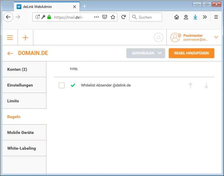 Gespeicherte domainweite Whitelist-Regel in der Regelübersicht