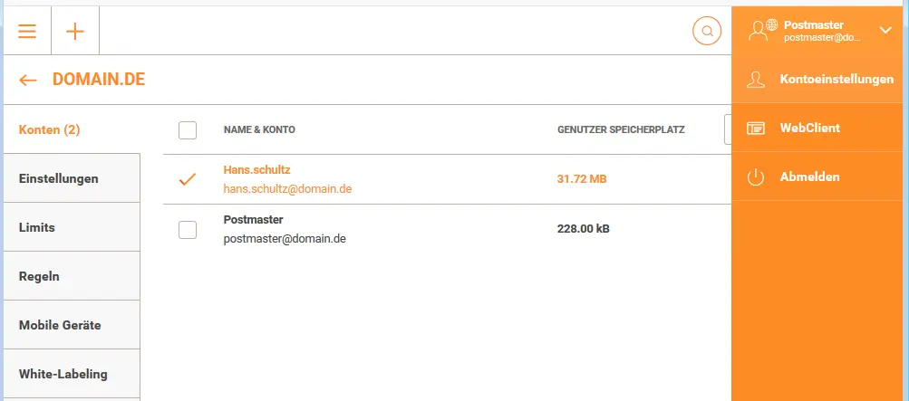 Account-Menü mit Eintrag „Kontoeinstellungen“ in der E-Mail-Administration
