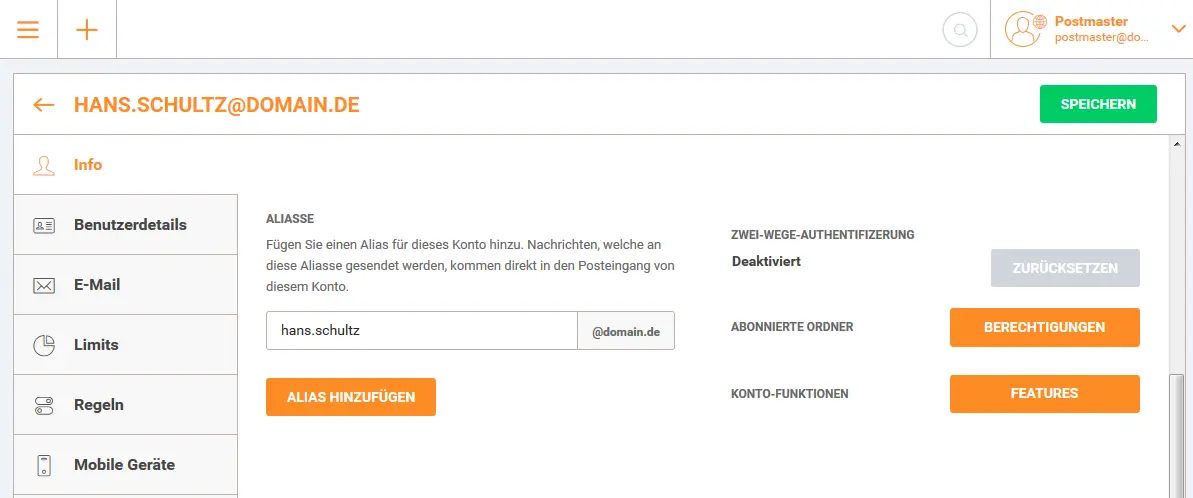 Konto-Funktionen mit Schaltfläche „Features“ in den Kontoeinstellungen