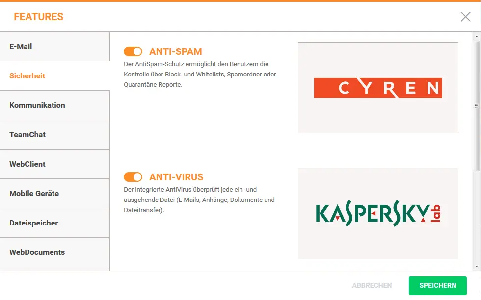 Schieberegler „Anti-Spam“ im Bereich Sicherheit zum Aktivieren oder Deaktivieren