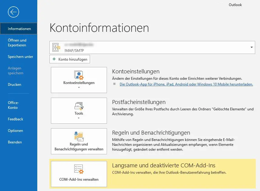 Outlook-Fenster „Kontoinformationen“ mit Schaltfläche Konto hinzufügen
