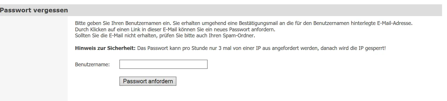 Formular zur Passwortanforderung mit Eingabe des Benutzernamens
