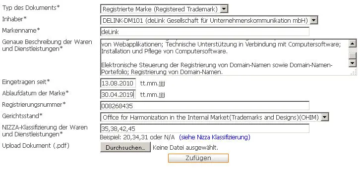 Eintragen einer Marke in der Dokumentenverwaltung des Kundenportals