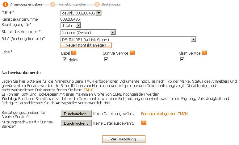 TMCH-Anmeldeformular mit Markenauswahl und Upload der Nachweisdokumente
