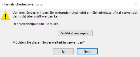 Outlook-Fehlermeldung „der Zielprinzipalname ist falsch“